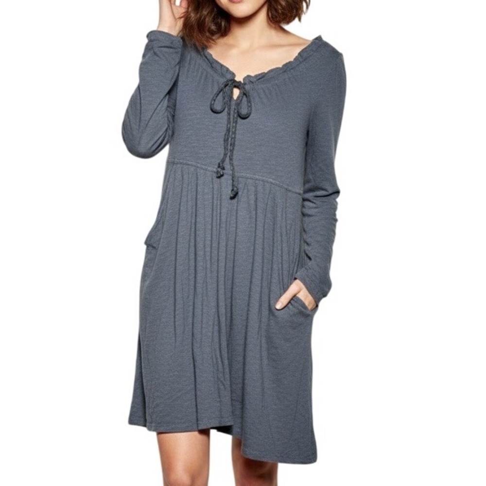 Puella blue Grey Long Sleeve Tie Neck Gathered Waist Dress Made in USA Size‎ M